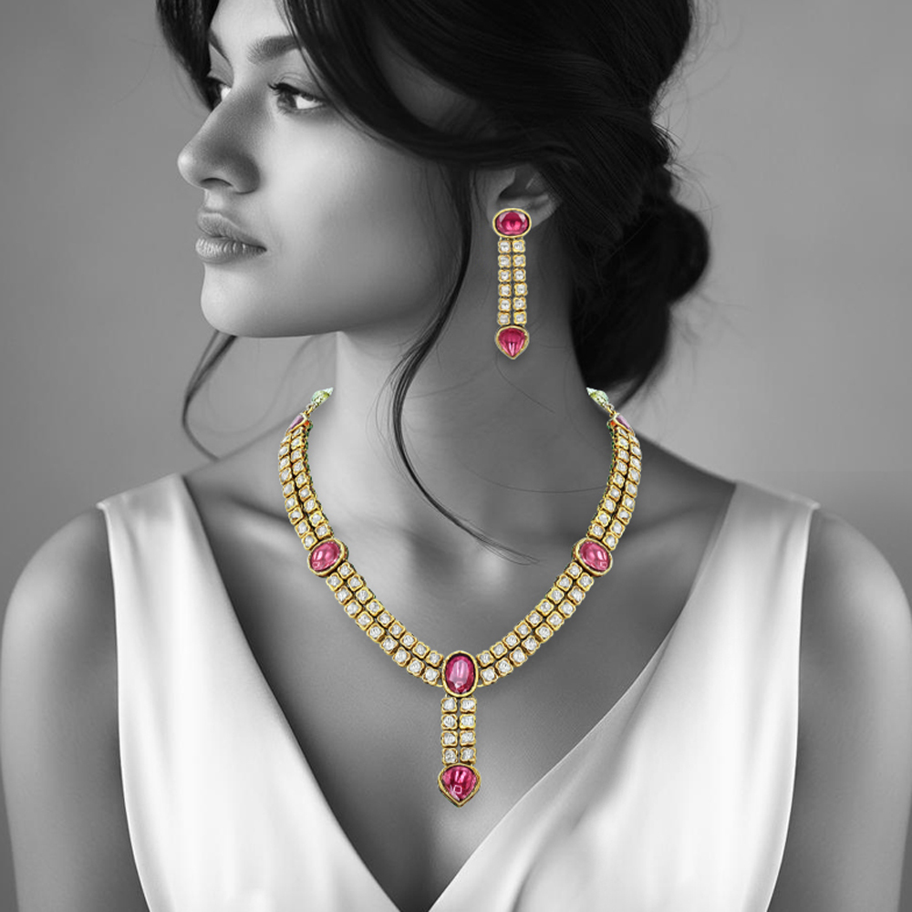 Polki Diamond Necklace Set with Deep Pink Gemstones and Drop